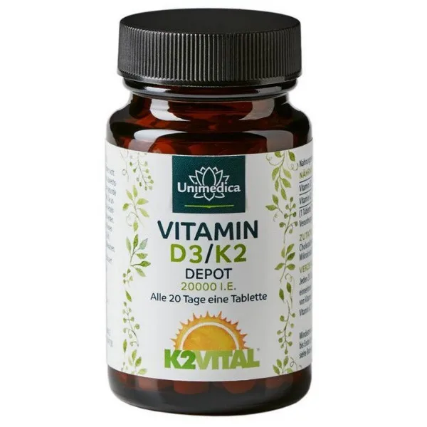 Unimedica Vitamin D3 / K2 MK7 Depot 20.000 I.E, 180 Tabs.