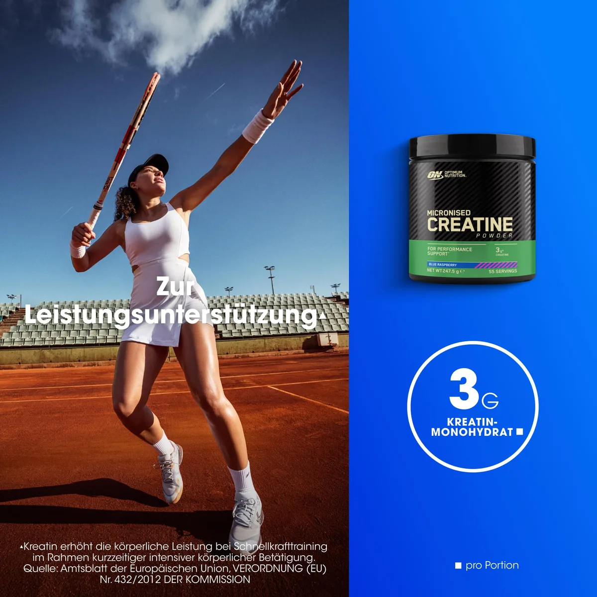 Optimum Nutrition Mikronisiertes Kreatin Pulver, Geschmack Blue Raspberry, 360g, 80 Portionen – Bild 3