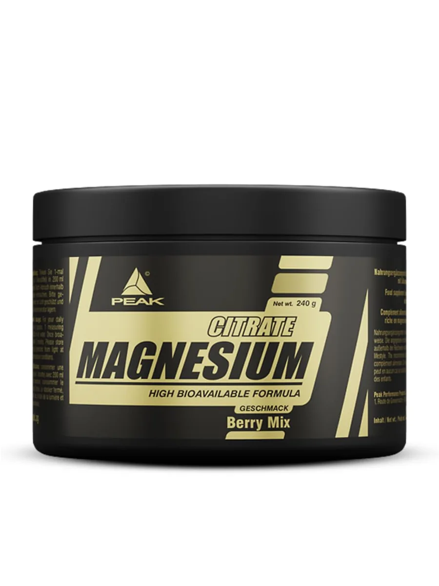 PEAK Magnesium Citrat - 240g Geschmack Berry Mix I Pulver I 60 Portionen I hohe Bioverfügbarkeit I für eine normale Muskelfunktion I 250mg elementares Magnesium pro Portion