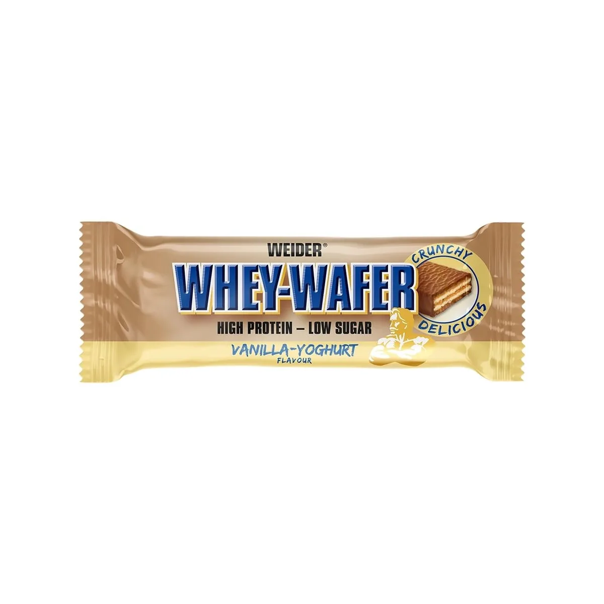Weider - Whey Wafer - Knuspriger Proteinriegel mit 30% Eiweiß und Schokoladenüberzug - Wenig Zucker, Protein Snack - Box mit 12x35g - Vanille Joghurt