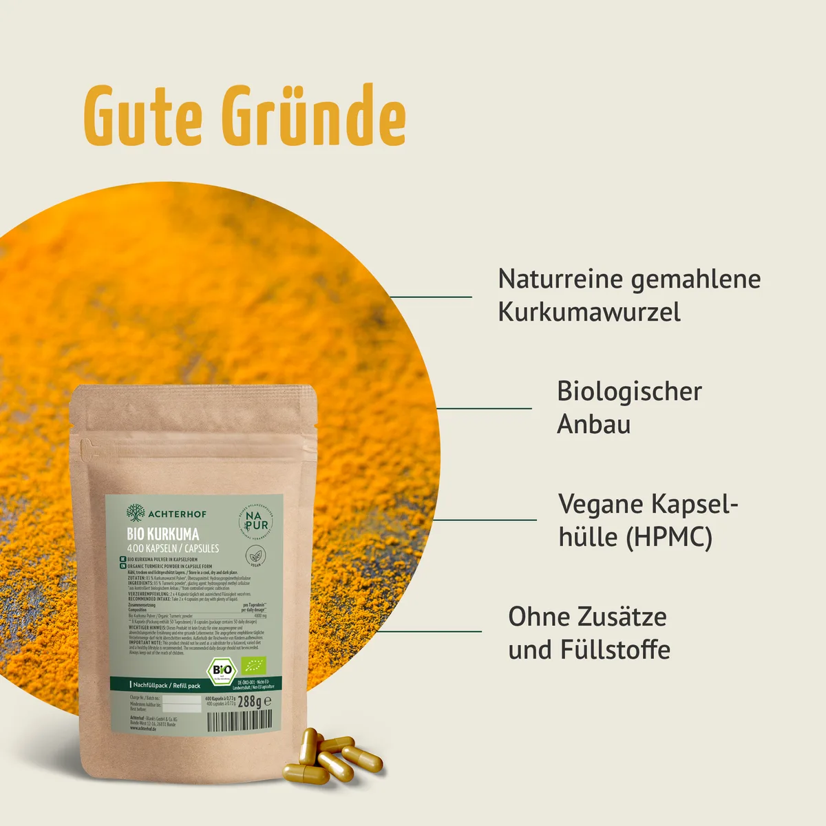 Bio Kurkuma Kapseln Nachfüllpack (400 Kapseln) – Bild 3
