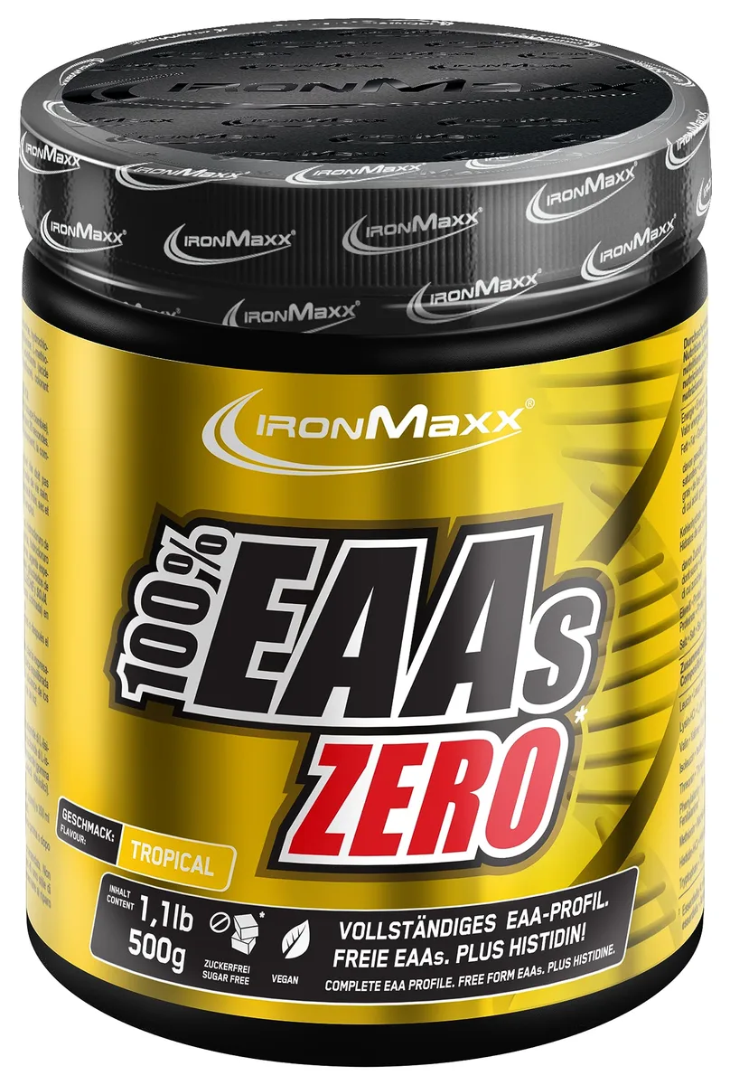IronMaxx 100% EAAs Zero - Tropical 500g Dose | EAA-Pulver,Vegan Und Zuckerfrei Mit Allen 8 Essentiellen Aminosäuren | Fruchtiger Geschmack, Frei Von Konservierungsstoffen