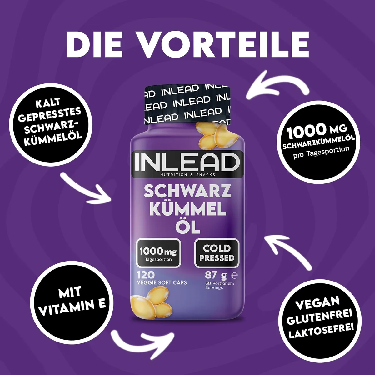 INLEAD - Schwarzkümmelöl Caps | Kaltgepresstes Schwarzkümmelöl mit Vitamin E | 1000mg pro Tagesportion | Vegan, Glutenfrei & Laktosefrei - 120 Softgel Kapseln – Bild 2