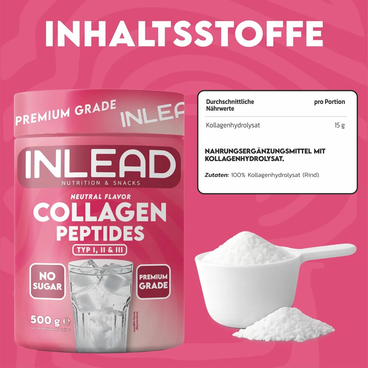INLEAD - Collagen Peptides | Kollagen Pulver zur täglichen Ergänzung für Haut, Gelenke & Bindegewebe | Perfekte Löslichkeit & Natürlicher Geschmack ohne Aromen - 500g (Geschmacksneutral) – Bild 3