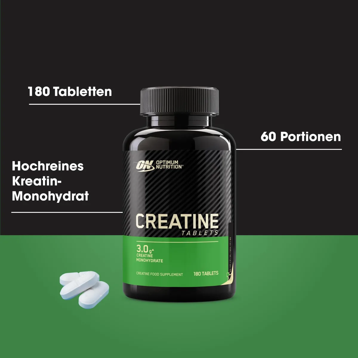 Optimum Nutrition Creatine Tabletten – 3 g Kreatinmonohydrat pro Portion zur Unterstützung der Leistungsfähigkeit bei hochintensivem Training – 60 Portionen (180 Tabletten) – Bild 3
