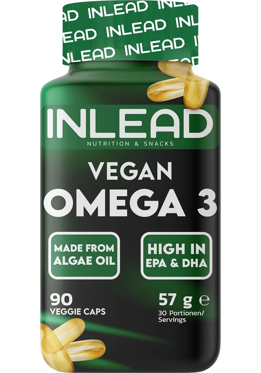 INLEAD - VEGAN OMEGA 3 aus Algenöl | 900 mg Omega-3 pro Tagesportion | 630 mg DHA & 270 mg EPA | pflanzliche Alternative zu Fischöl (90 Softgel Kapseln)