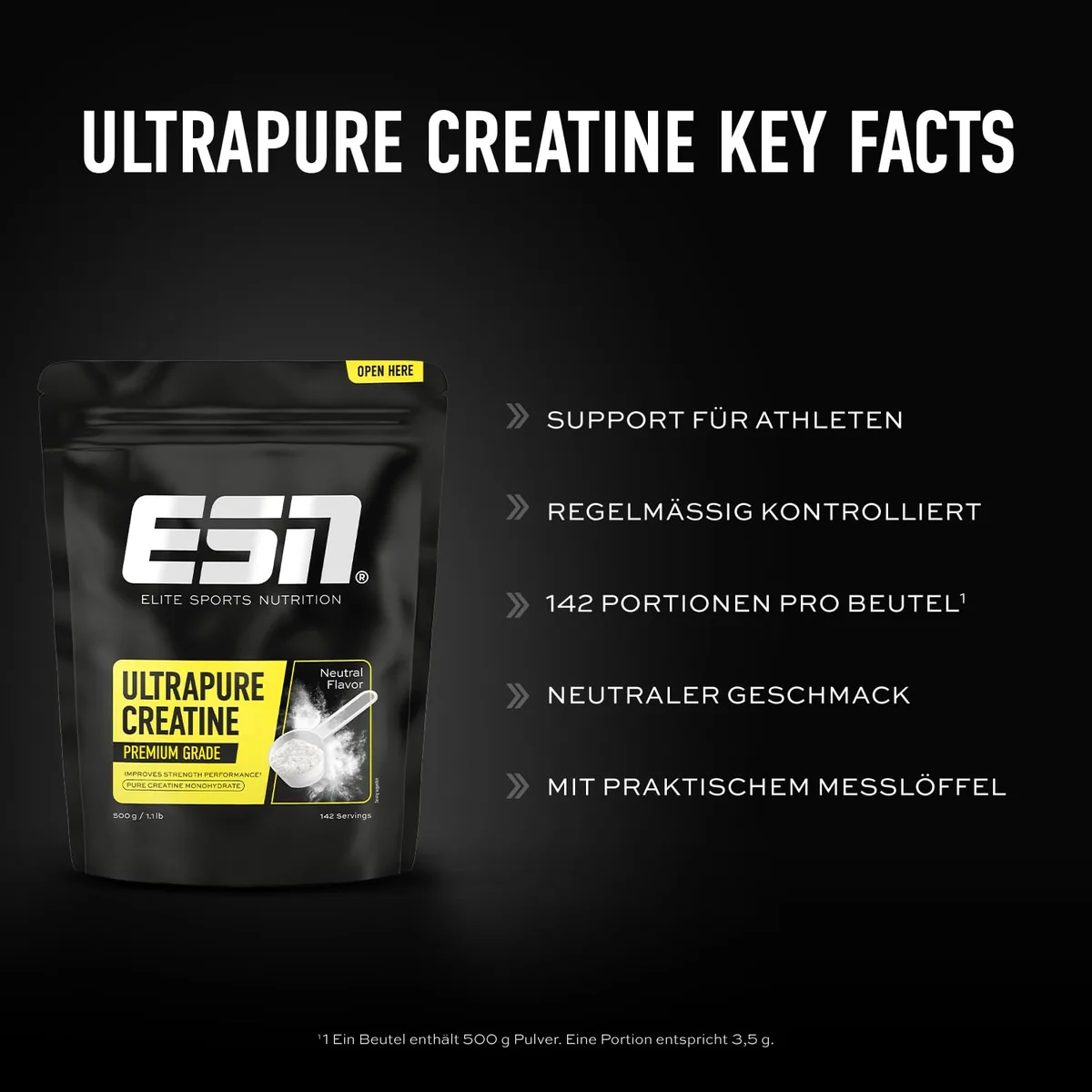ESN Ultrapure Creatine Monohydrate, 500 g, 142 Portionen, mikrofein und perfekt löslich - made in Germany (Verpackung kann variieren) – Bild 2
