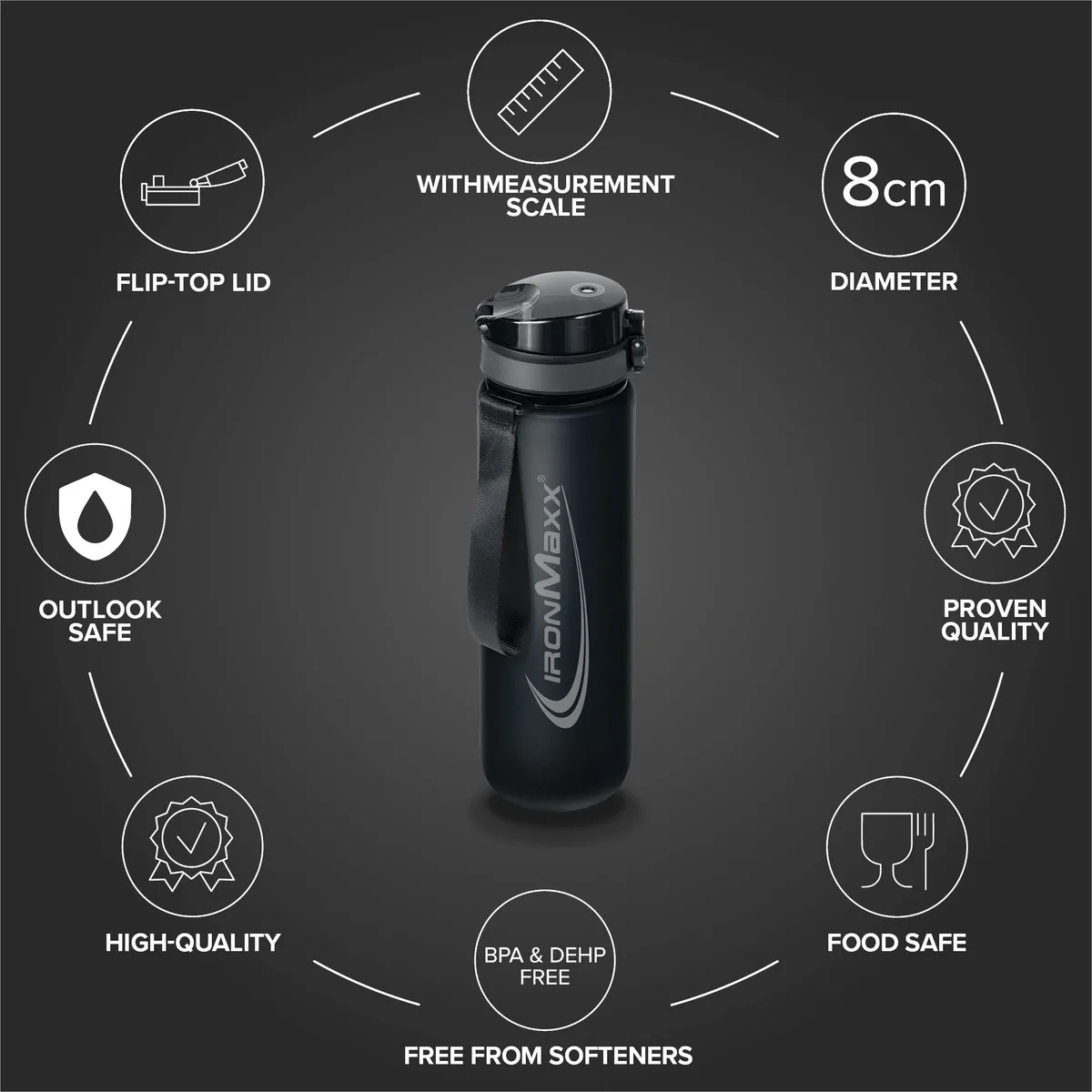 Sport Water Bottle (1000ml) - Deep Black – Bild 5