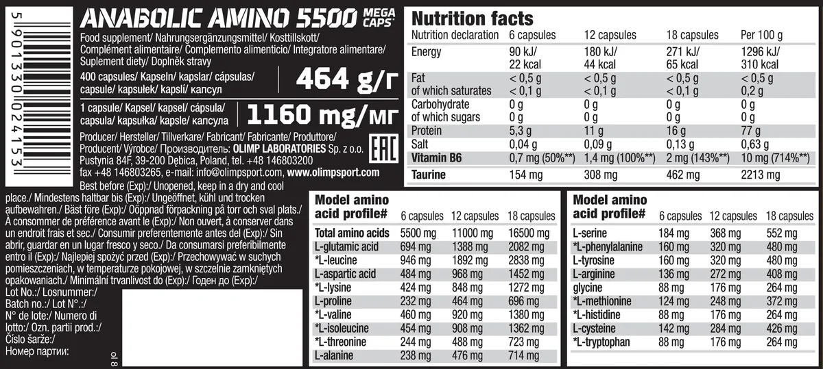OLIMP - Anabolic Amino 5500 Mega Caps (400 capsules) .High-quality dietary supplement with a large amount of the most important amino acids and proteins – Bild 2