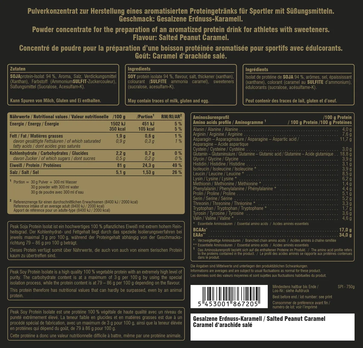 PEAK Soja Protein Isolat - 750g Geschmack Salted Peanut Caramel I 25 Portionen I Pulver I Proteinquelle: Soy, pflanzliches Eiweiß I GMO - free I hoher EAA Gehalt I Muskelaufbau I glutenfrei – Bild 4