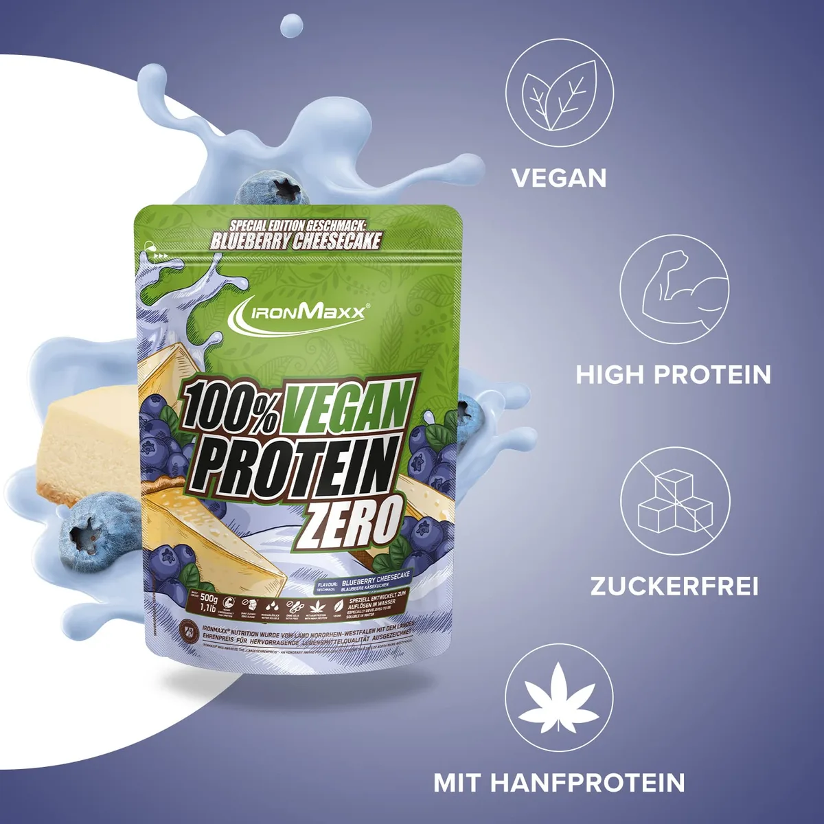 IronMaxx 100% Vegan Protein Zero - Blueberry Cheesecake 500g | Veganes Eiweißpulver ohne Zucker | Low Carb Protein Shake, High Protein, laktosefrei, geeignet für Muskelaufbau & Diät – Bild 2