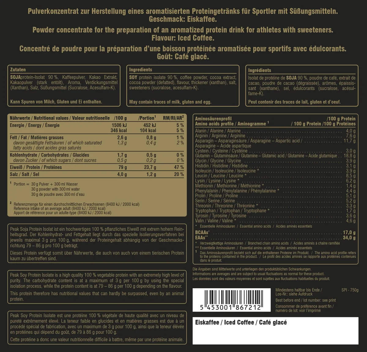 PEAK Soja Protein Isolat - 750g Geschmack Iced Coffee I 25 Portionen I Pulver I Proteinquelle: Soy, pflanzliches Eiweiß I GMO - free I hoher EAA Gehalt I Muskelaufbau I glutenfrei – Bild 4