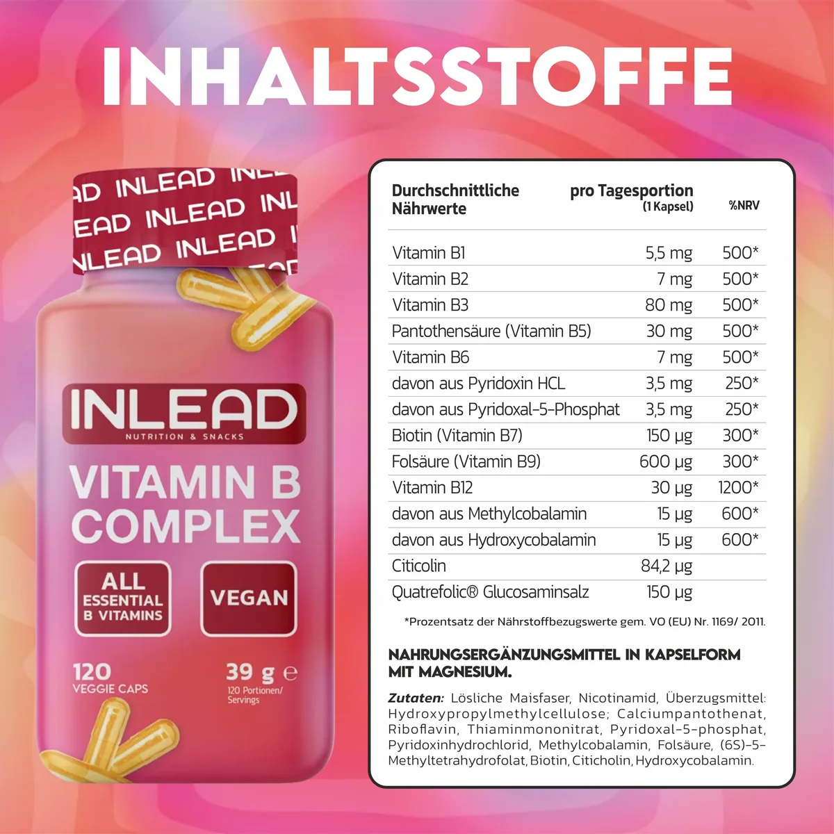 INLEAD - Vitamin B Complex mit Bioaktiven Formen & Quatrefolic | Alle essentiellen B-Vitamine in einer Kapsel pro Tag | Vegan - 120 Kapseln – Bild 3