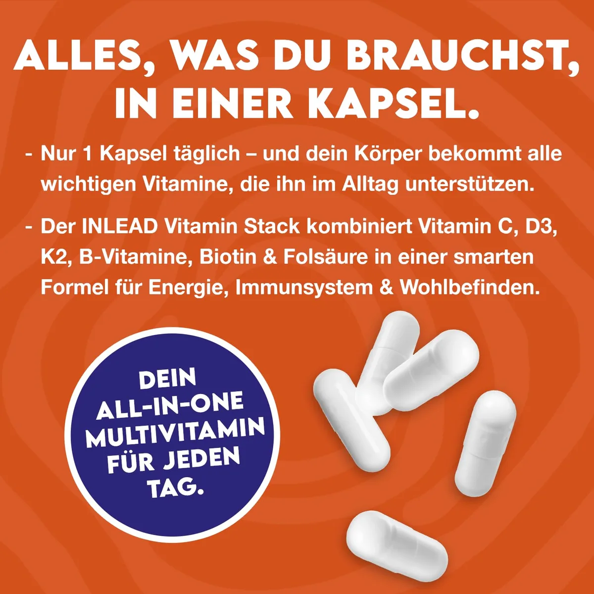INLEAD - Vitamin Stack | Multivitamin-Kapseln für 4 Monate | Alle essentiellen Vitamine in nur 1 Kapsel täglich | Vitamine von A-Z | Mit Vitamin C, D3, K2, B12, Biotin & Folsäure - 120 Kapseln – Bild 4