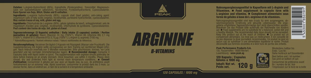 PEAK Arginin - 120 Kapseln I 40 Portionen I Pre Workout I hochdosiert I hohe Bioverfügbarkeit I Aminosäure I 2100 mg pro Tagesportion – Bild 2