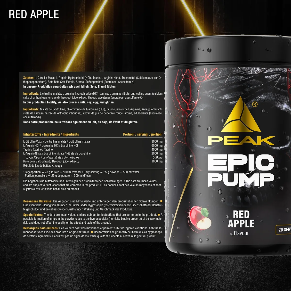 PEAK Epic Pump Pre Workout Booster, Red Apple, 500g – Bild 2