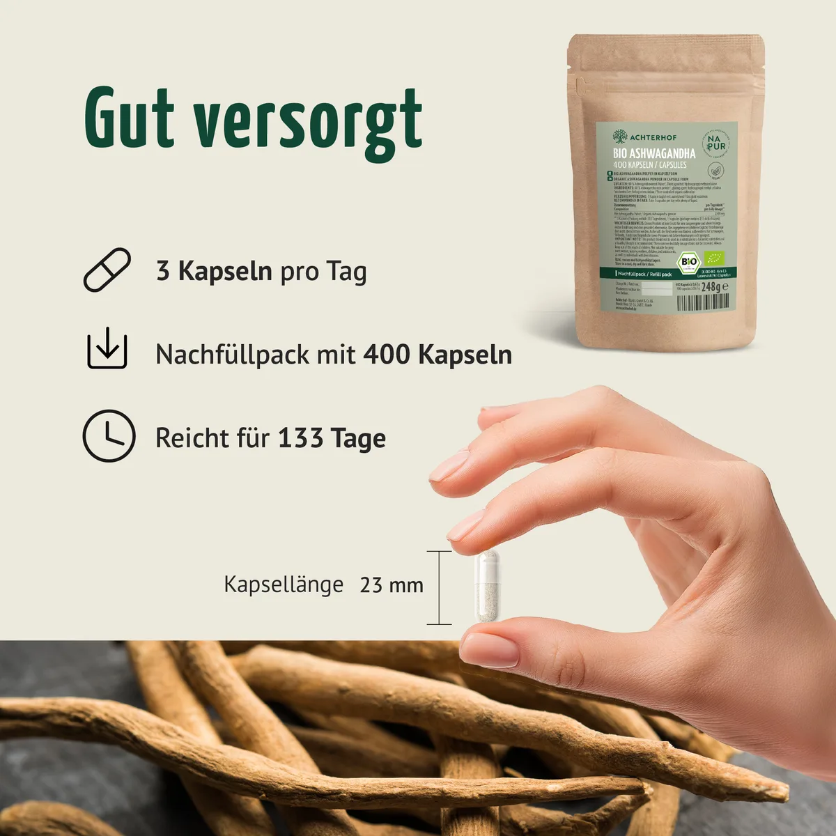 Ashwagandha Kapseln Bio Nachfüllpack (400 Kapseln) – Bild 5