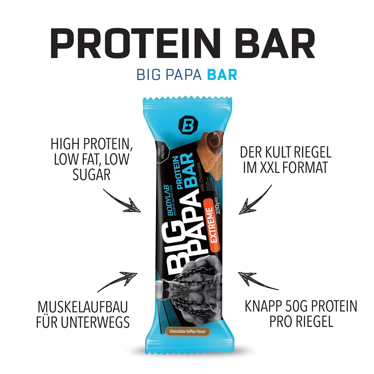 BIG PAPA 50% Protein Bar Extreme (12x100g) Schokolade-Toffee – Bild 6