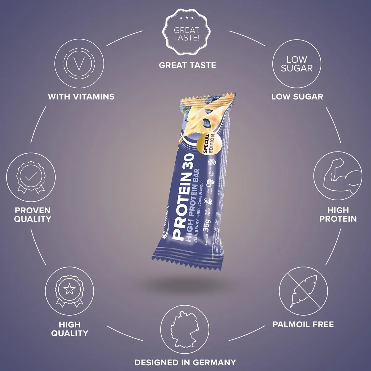 Protein 30 Protein Riegel (24x35g) - Blueberry Cheesecake – Bild 6