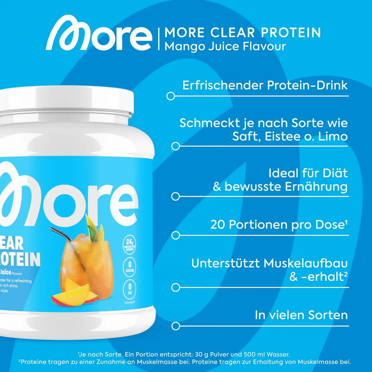 MORE Clear Protein, Mango Juice, 600 g, Protein Drink mit Whey Isolat, clear Whey - made in Germany – Bild 3
