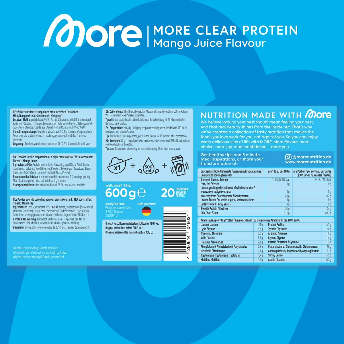 MORE Clear Protein, Mango Juice, 600 g, Protein Drink mit Whey Isolat, clear Whey - made in Germany – Bild 4