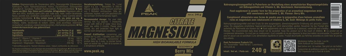 PEAK Magnesium Citrat - 240g Geschmack Berry Mix I Pulver I 60 Portionen I hohe Bioverfügbarkeit I für eine normale Muskelfunktion I 250mg elementares Magnesium pro Portion – Bild 2