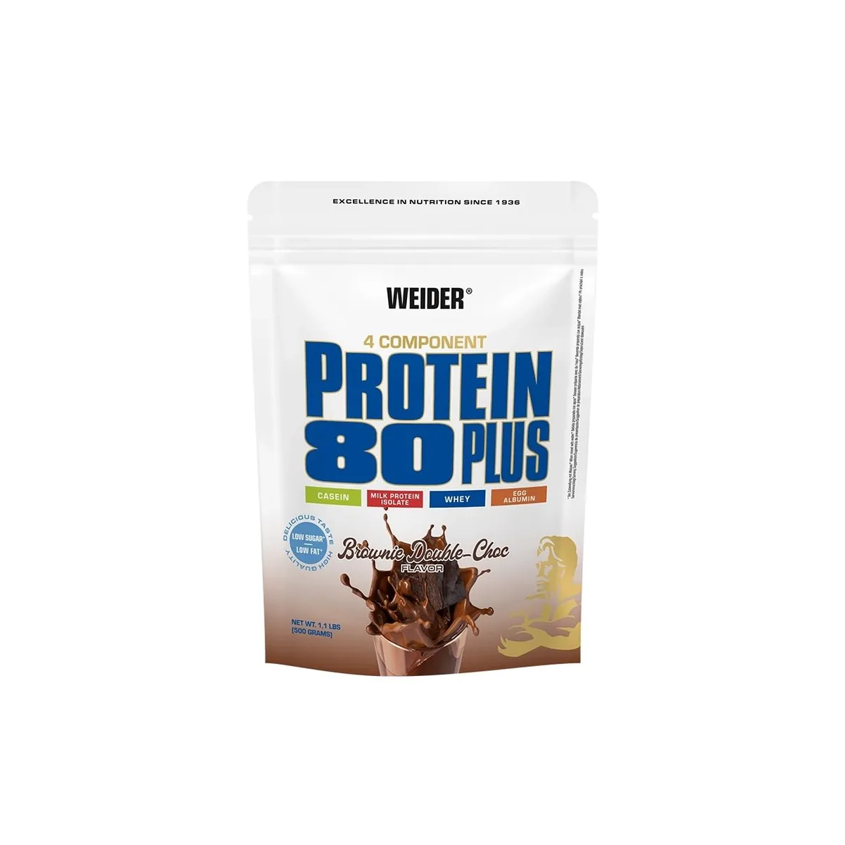 Weider - Protein 80 Plus - 4-Komponenten Protein Pulver - Hoher Proteingehalt mit 80% Eiweiß - Cremige Shakes mit Calcium & Vitamin B6 - 500g - Brownie Double-Choc