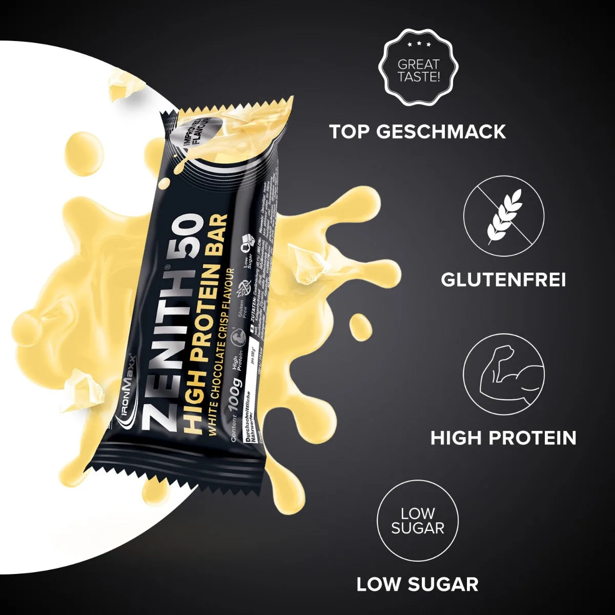 ZENITH® 50 Protein Riegel (12x100g) - Weiße Schokolade Crisp – Bild 3