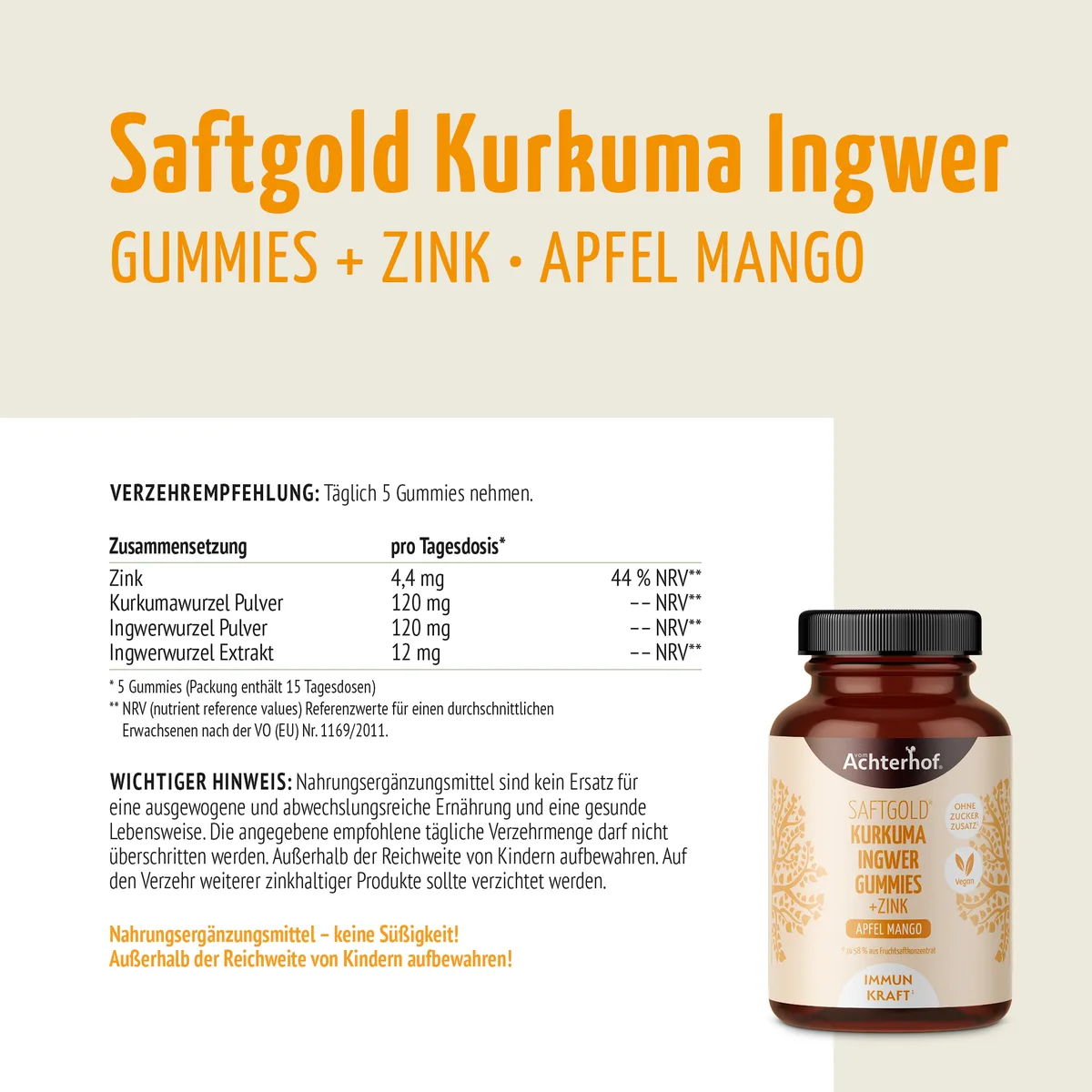 Saftgold Kurkuma Ingwer Gummies Apfel Mango + Zink (75 Stück) – Bild 7