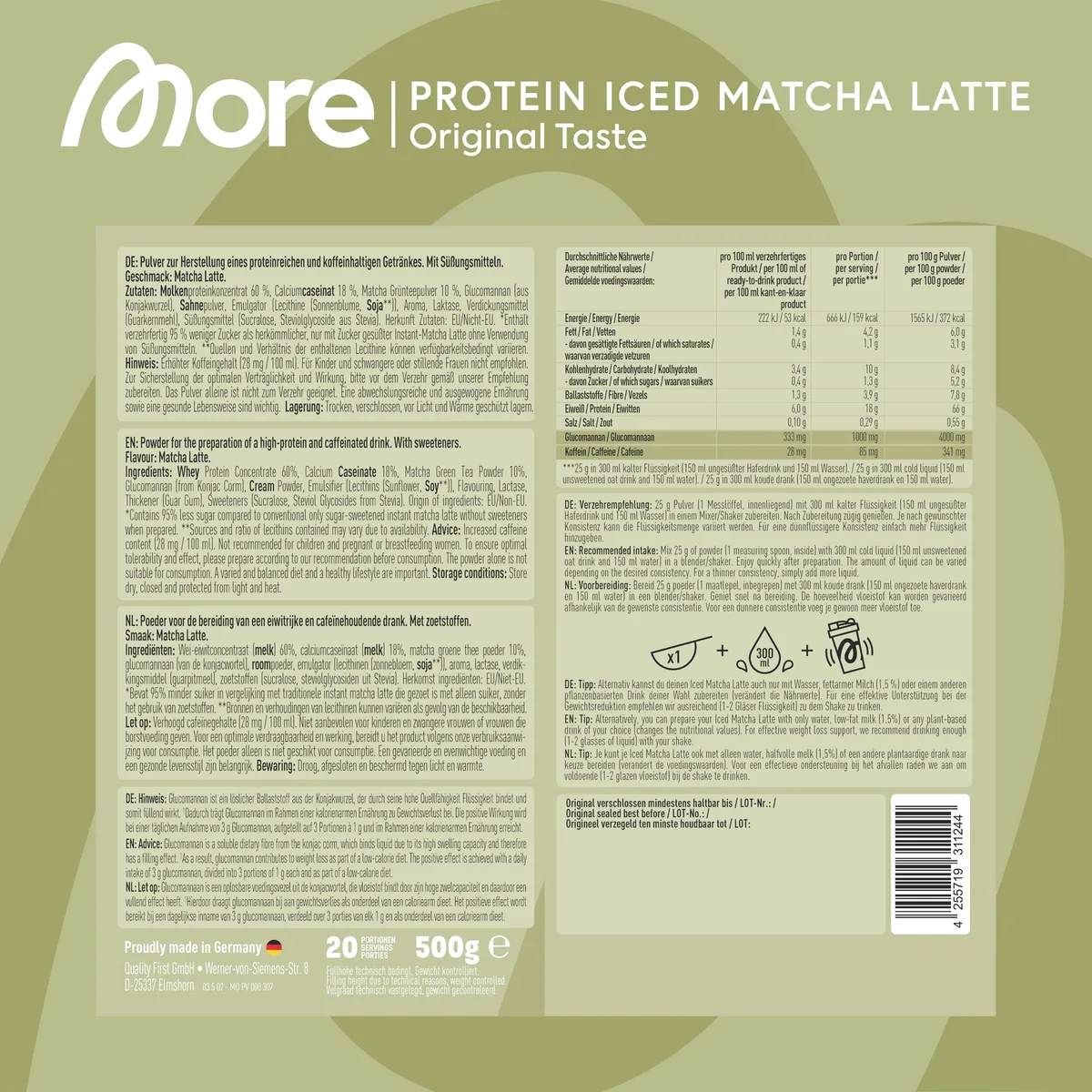 MORE Protein Iced Matcha Latte, 500g, Matcha Grünteepulver mit wertvollen Proteinen, wenig Zucker und Fett - made in Germany – Bild 4