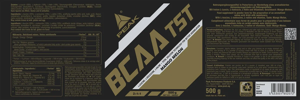 PEAK BCAA - TS-Technology - 500g Geschmack Mango-Melon I 38 Portionen I Pulver I verzweigtkettige Aminosäuren I 2:1:1 (Leucin : Isoleucin : Valin) I schnelle Resorption I vegan – Bild 2