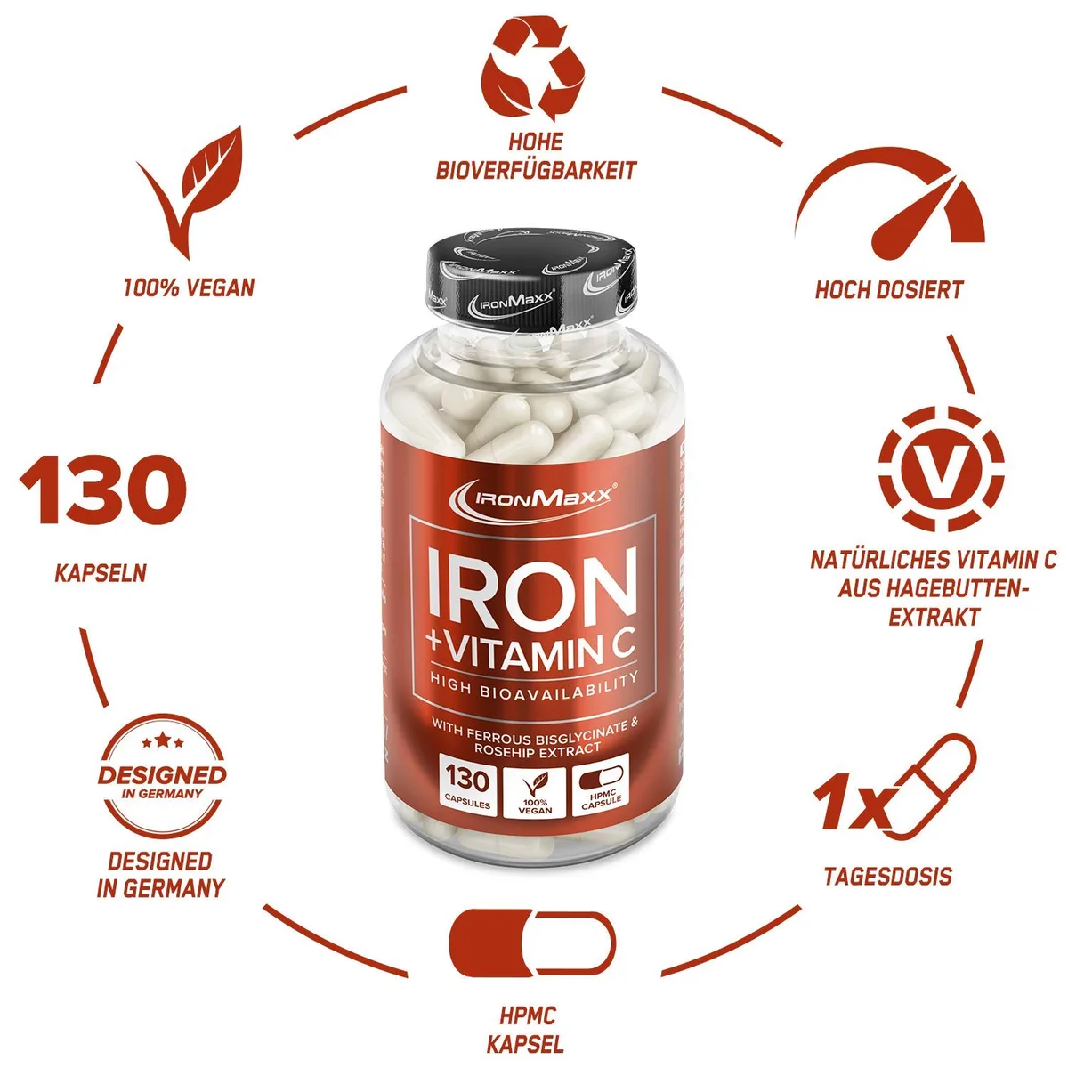 IronMaxx Iron + Vitamin C - 130 Kapseln | hochdosiert mit 40mg Eisen und 40mg Vitamin C | vegan mit hoher Bioverfügbarkeit – Bild 4