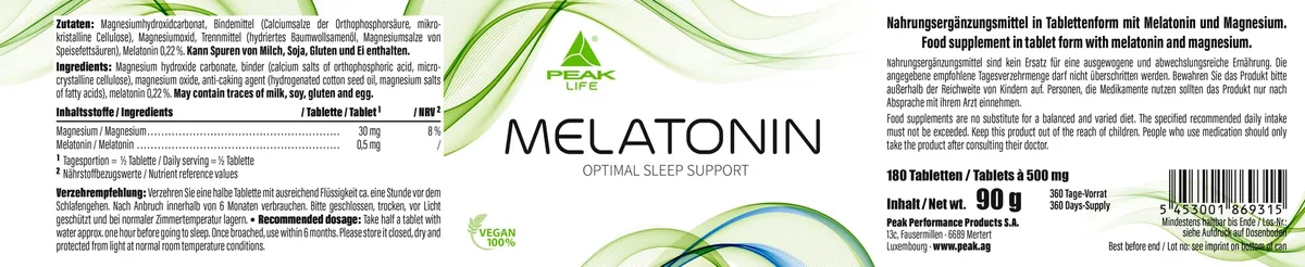 PEAK Melatonin - 180 Tabletten I 0,5mg pro Portion I mit Magnesium I Unterstützung für einen erholsamen Schlaf I vegan – Bild 4