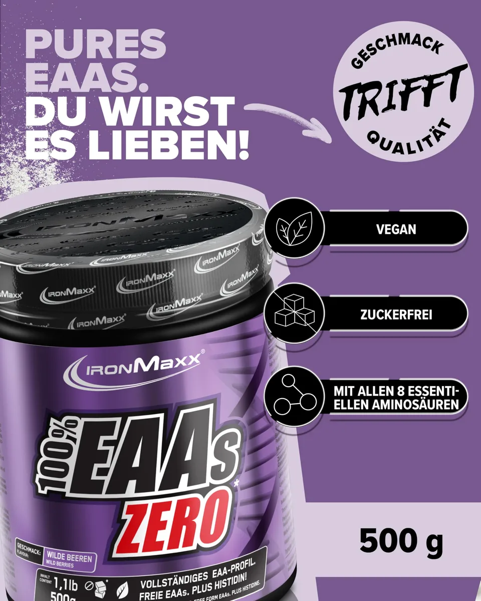 IronMaxx 100% EAAs Zero Wildberry 500g - EAAs Pulver hochdosiert, Vegan und zuckerfrei, 8 essentielle Aminosäuren zur Ergänzung deiner Sporternährung – Bild 3