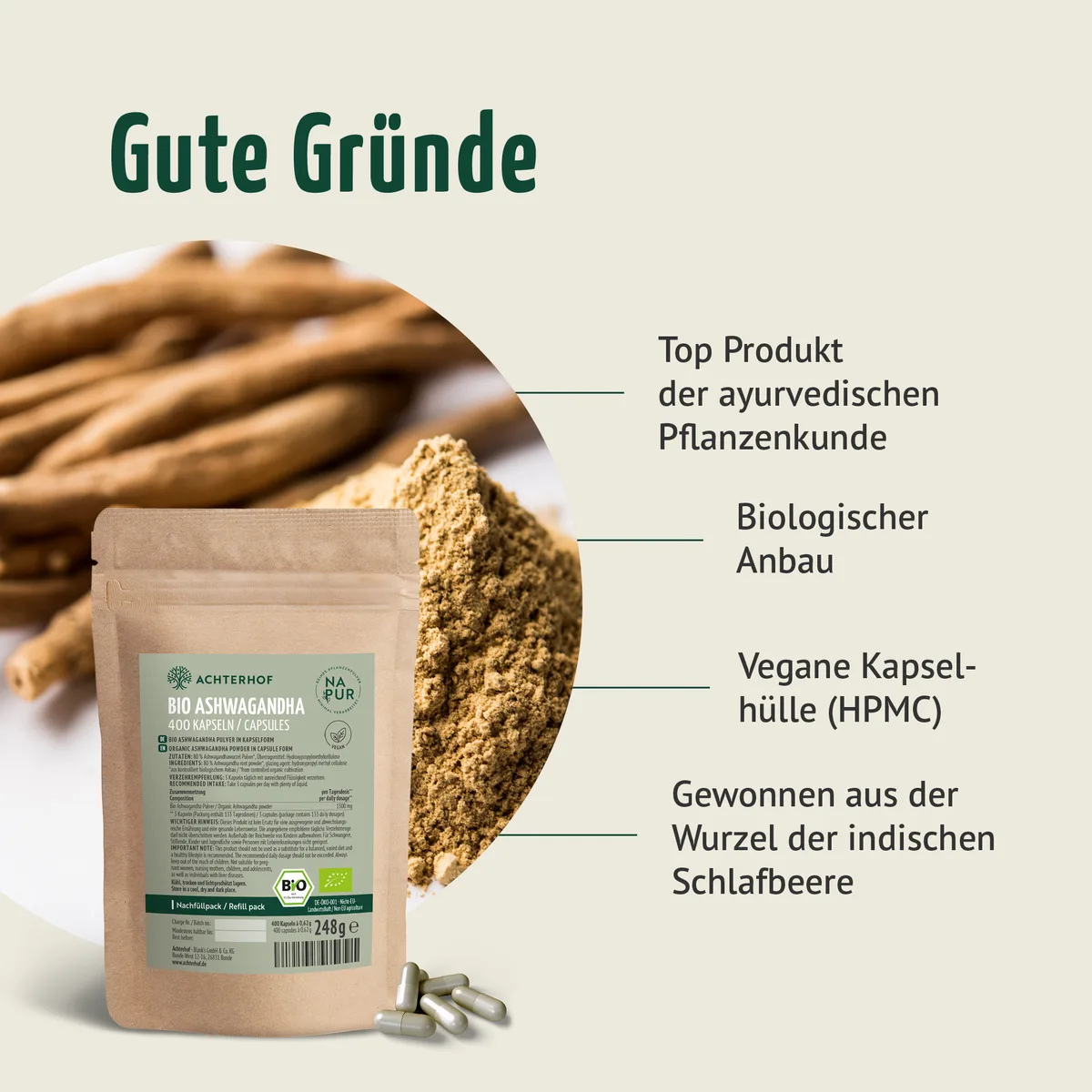 Ashwagandha Kapseln Bio Nachfüllpack (400 Kapseln) – Bild 3