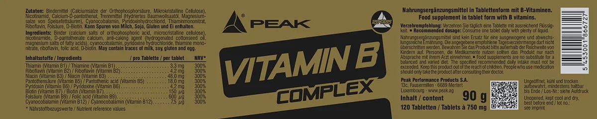 PEAK Vitamin B Complex - 120 Tabletten I hochdosiert I hohe Bioverfügbarkeit I Energiestoffwechsel I normale Herzfunktion I Stoffwechsel I vegan I glutenfrei – Bild 2