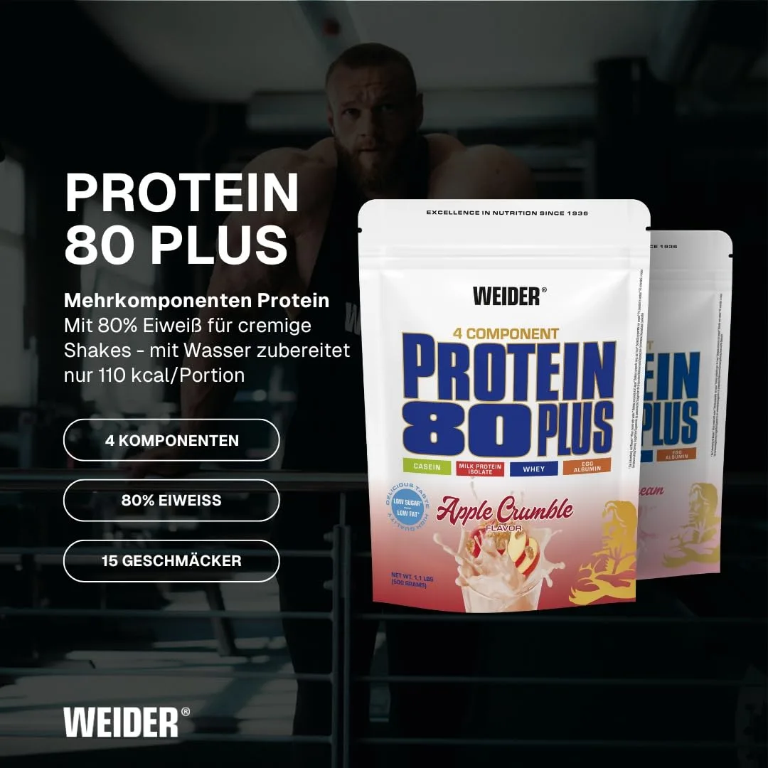 Weider - Protein 80 Plus - 4-Komponenten Protein Pulver - Hoher Proteingehalt mit 80% Eiweiß - Cremige Shakes mit Calcium & Vitamin B6 - 500g - Apple Crumble – Bild 2