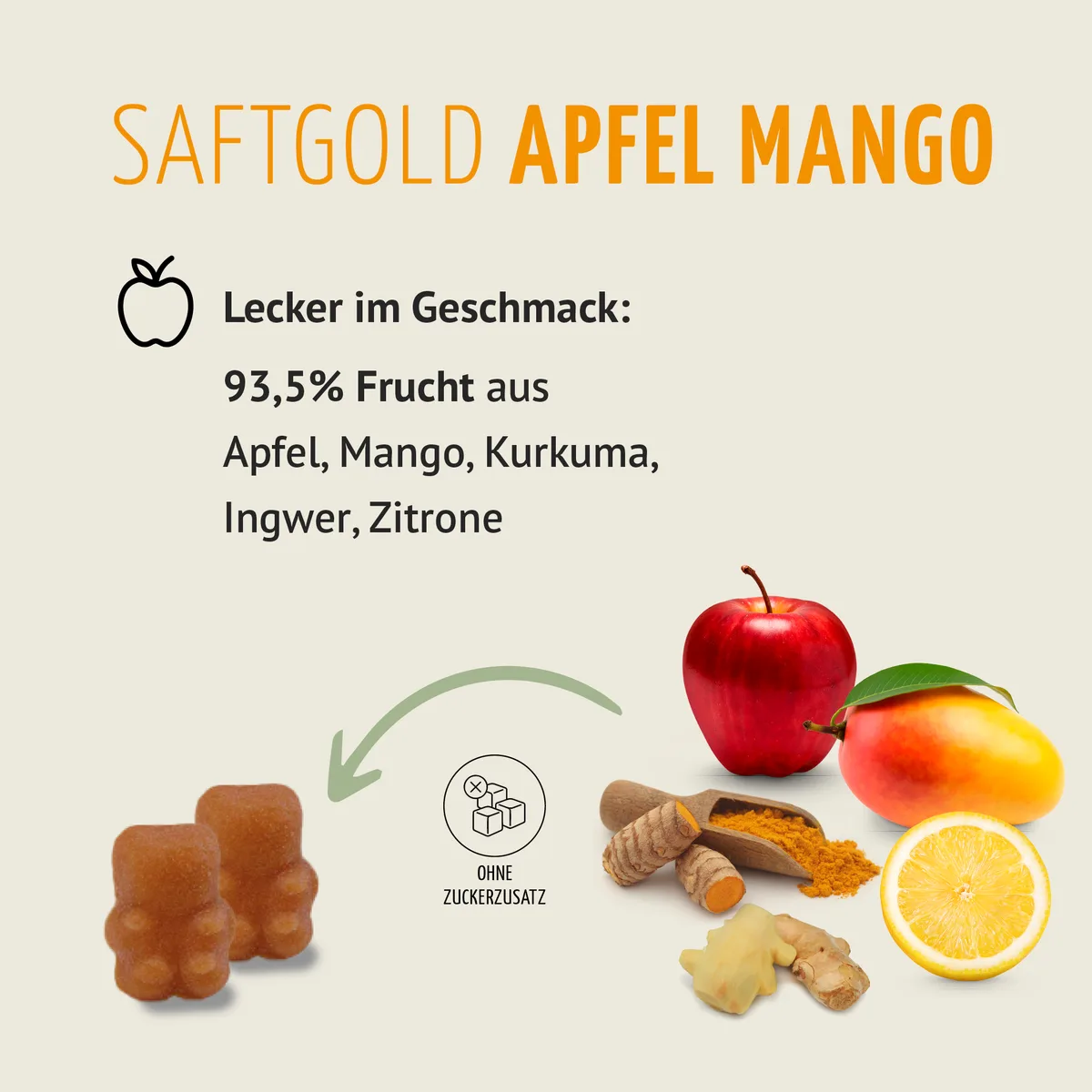 Saftgold Kurkuma Ingwer Gummies Apfel Mango + Zink (75 Stück) – Bild 5