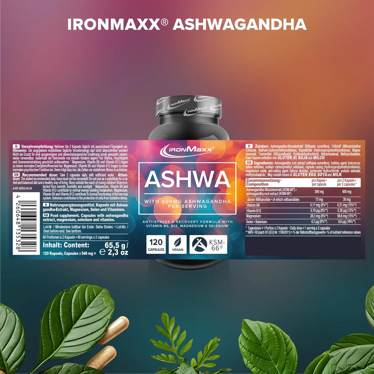 IronMaxx Ashwagandha - 120 Kapseln | 600mg KSM-66® pro Tagesdosis | Mit Vitamin B6 & B12 | mit Magnesium & Selenium | Vegan – Bild 4