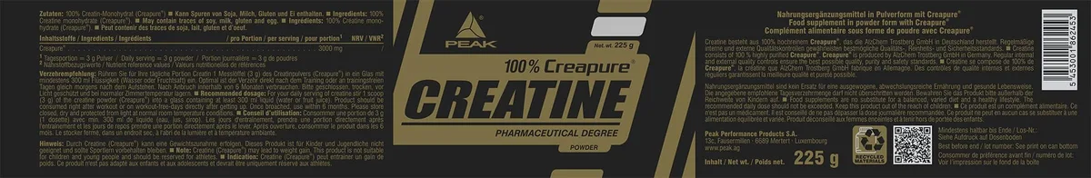 PEAK Creatin (Creapure®) - 225g I 75 Portionen I 100% reines Creapure® Kreatin Monohydrat Pulver in optimaler Dosierung I hohe Bioverfügbarkeit & höchste Qualität I vegan – Bild 3