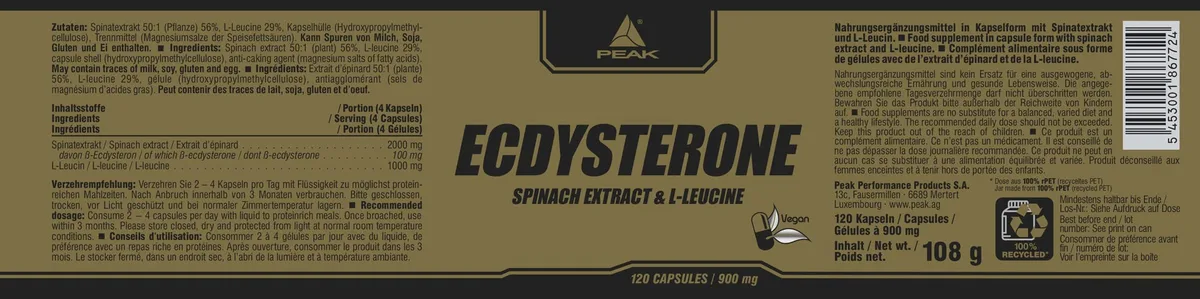 PEAK Ecdysteron - 120 Kapseln I Beta Ecdysteron I Spinatextrakt I pflanzliches Steroidhormon I mit Leucin I Muskelmasse I Muskelaufbau I vegan – Bild 2