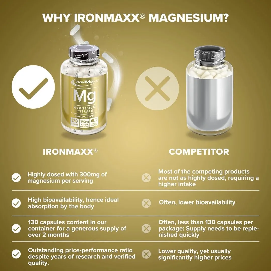 IronMaxx Magnesium - 130 Kapseln Hochwertiges Magnesium zur Unterstützung der Muskelfunktion | 150mg Magnesium pro Portion | ohne Rindergelatine – Bild 3