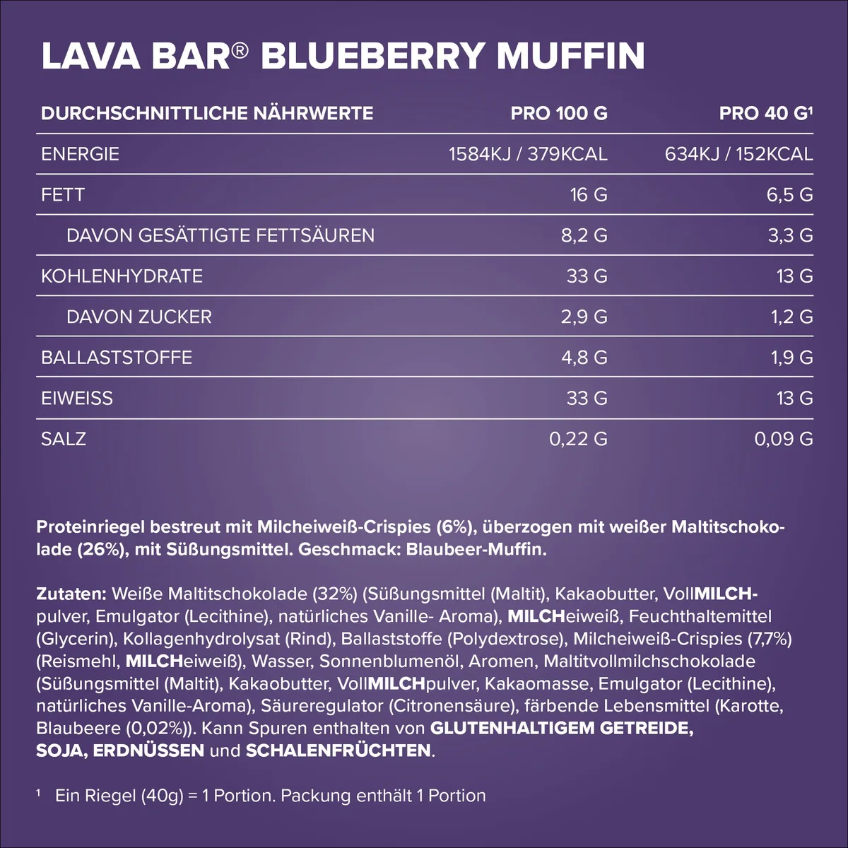 Lava Bar Protein Riegel (40g) – Blueberry Muffin – Bild 4