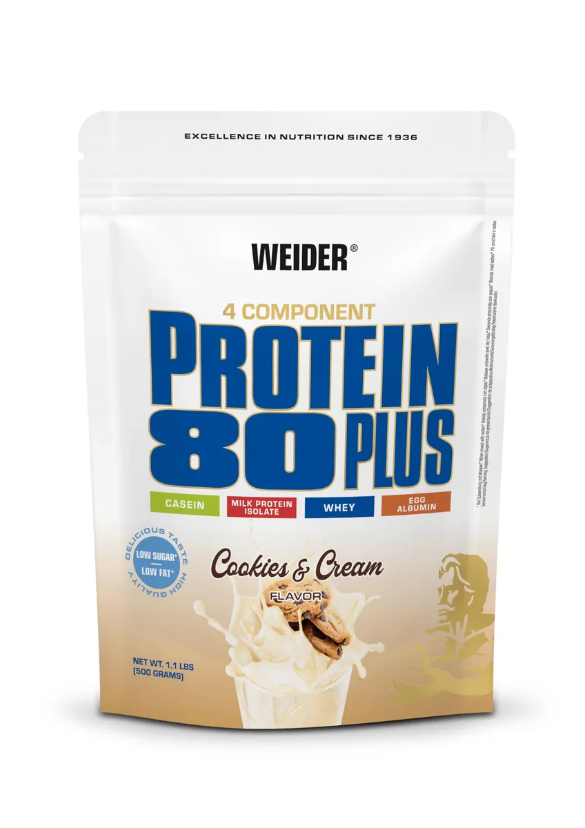 Weider - Protein 80 Plus - 4-Komponenten Protein Pulver - Hoher Proteingehalt mit 80% Eiweiß - Cremige Shakes mit Calcium & Vitamin B6 - 500g - Cookies & Cream