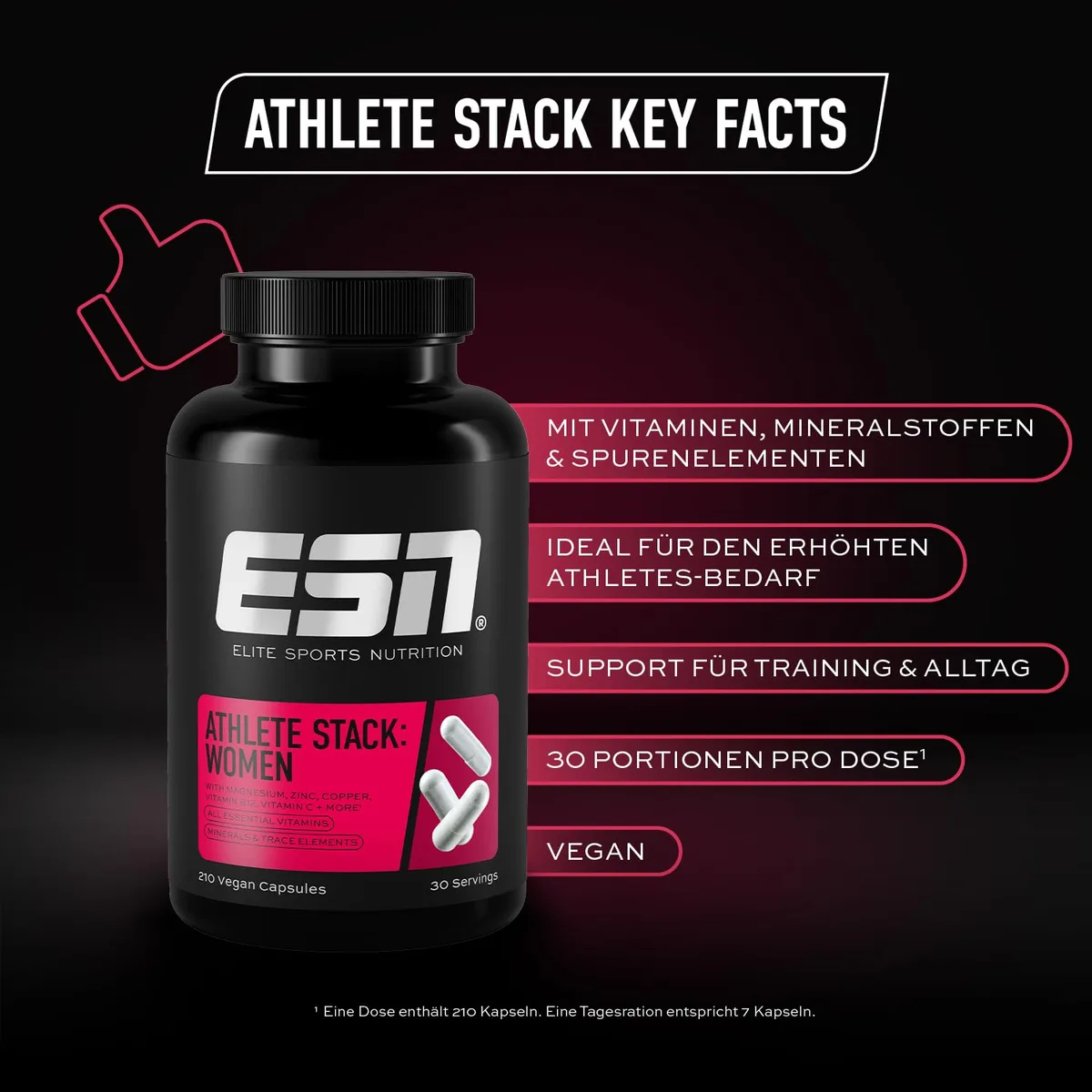 ESN Athlete Stack Women, 210 Kapseln, Alle essentiellen Vitamine und Mineralstoffe, vegan - Made in Germany – Bild 3