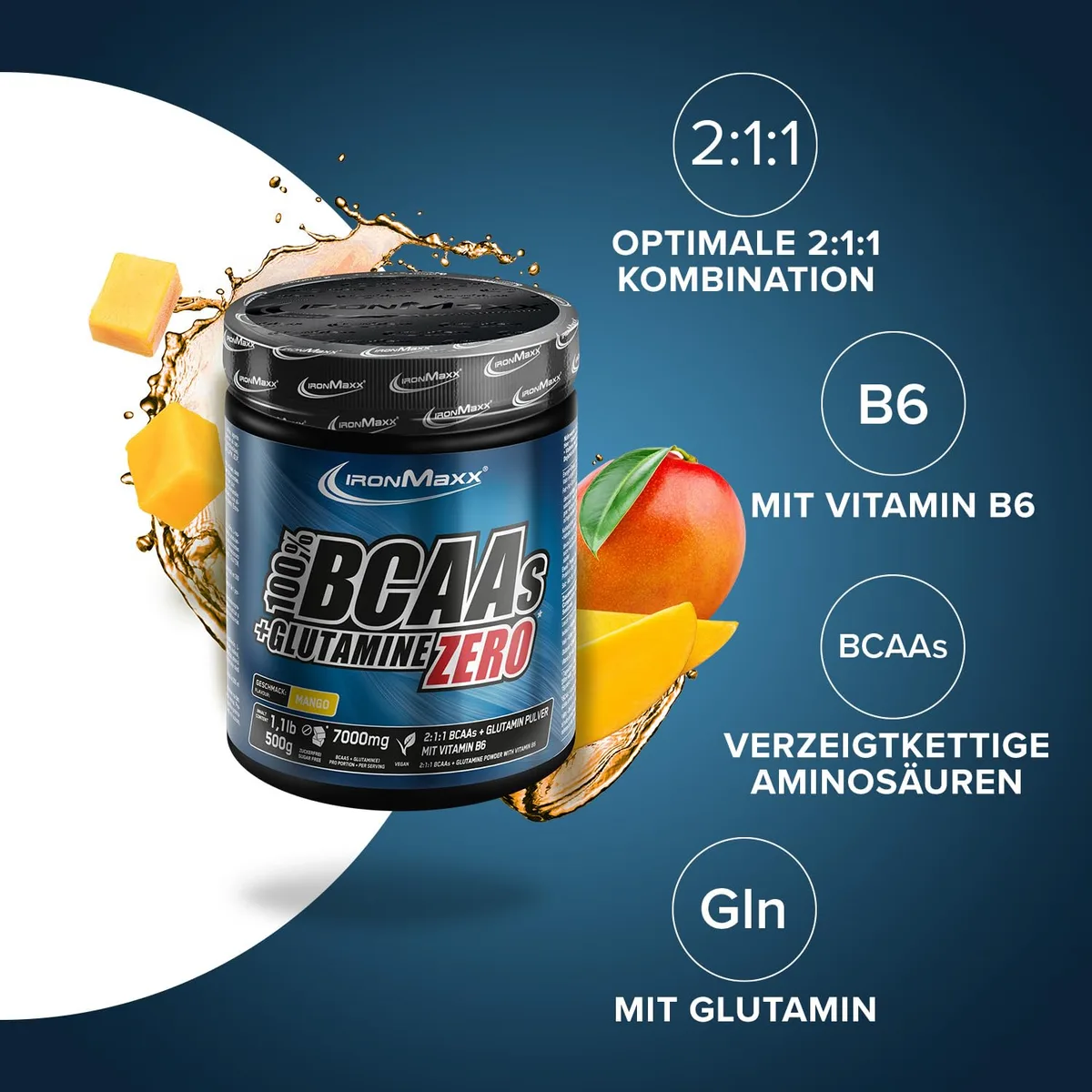 IronMaxx 100% BCAAs + Glutamine Zero - Mango 500g | veganes & zuckerfreies Aminosäuren Pulver mit Vitamin B6 | 6000 mg BCAA´s und 1000 mg Glutamin pro Portion – Bild 2