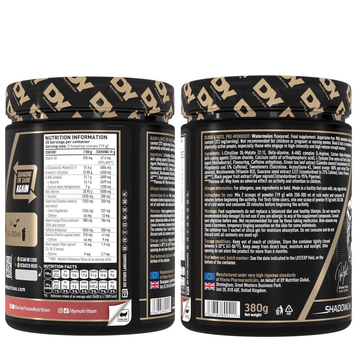 Dorian Yates Nutrition - Blood & Guts | Pre Workout Booster mit Arginin + Citrullin (380g, Watermelone - Wassermelone) – Bild 2