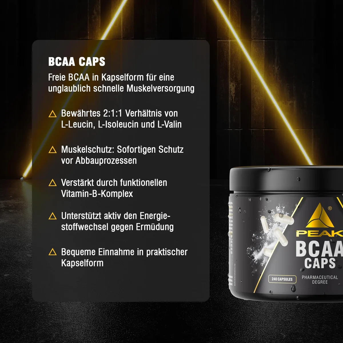 PEAK BCAA Caps - 240 Kapseln I 48 Portionen I verzweigtkettige Aminosäuren I L-Leucin, L-Isoleucin, L-Valin (2:1:1) I mit B-Vitaminen I einfache Einnahme – Bild 3