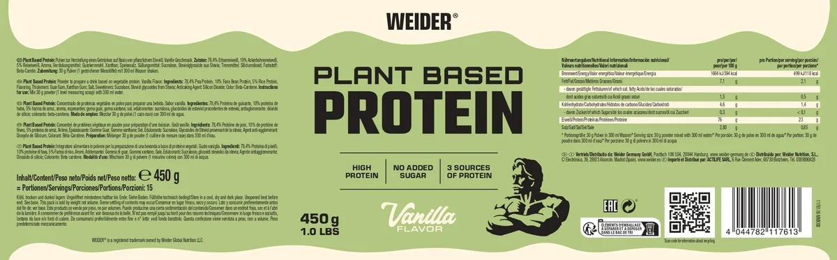 Weider - Plant Based Protein - Veganes Mehrkomponenten-Eiweiß mit Erbsen-, Ackerbohnen- und Reisprotein - Whey Alternative, Proteinpulver mit 29g pro Shake - 450g - Vanille – Bild 4
