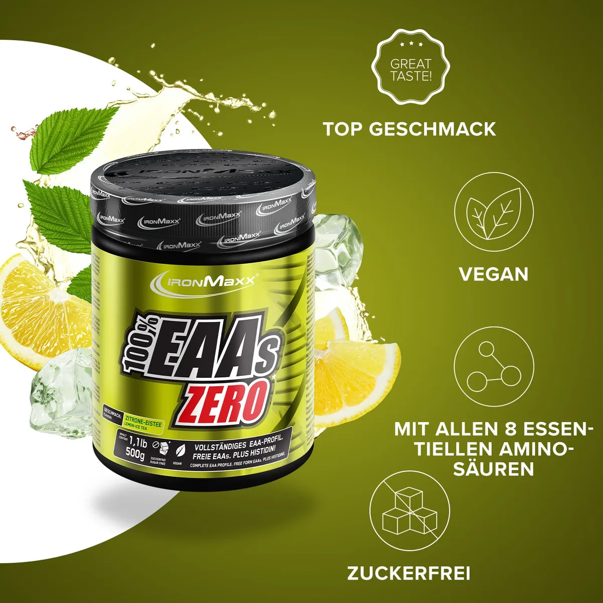 100% EAAs Zero (500g) - Lemon Icetea – Bild 2